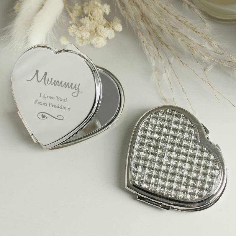 Personalised Swirls & Hearts Diamante Heart Compact Mirror